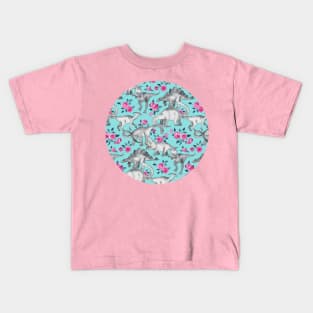 Dinosaurs and Roses – turquoise blue Kids T-Shirt